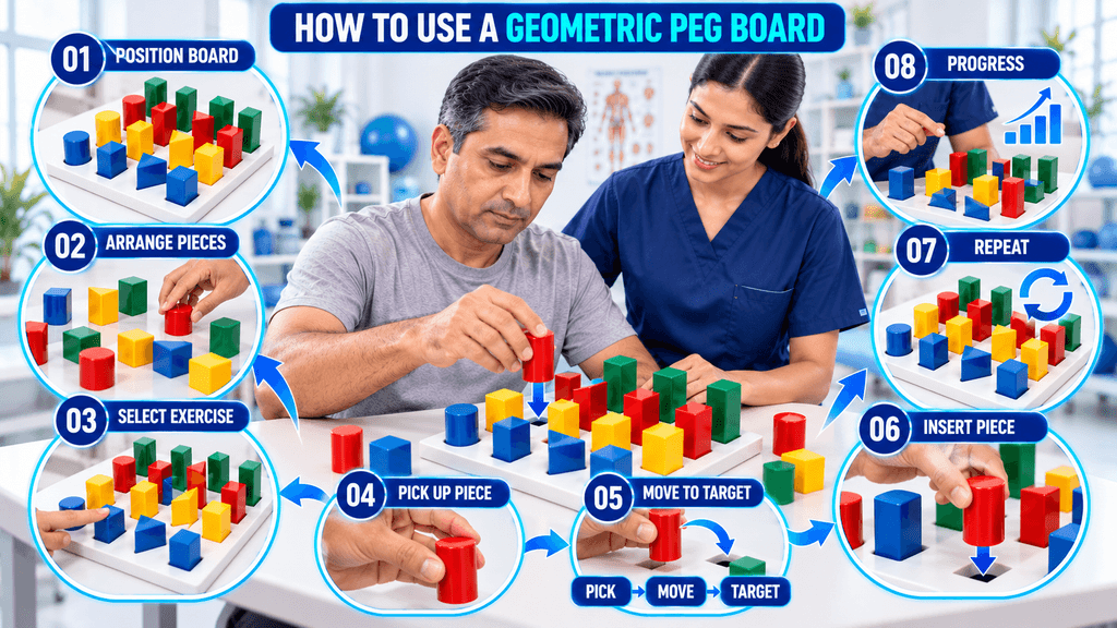 Geometric Peg Board Step-by-step Geometric Peg Board exercise showing how to position the board, arrange and pick up pieces, move them to a target, insert pieces, repeat exercises, and progress gradually.