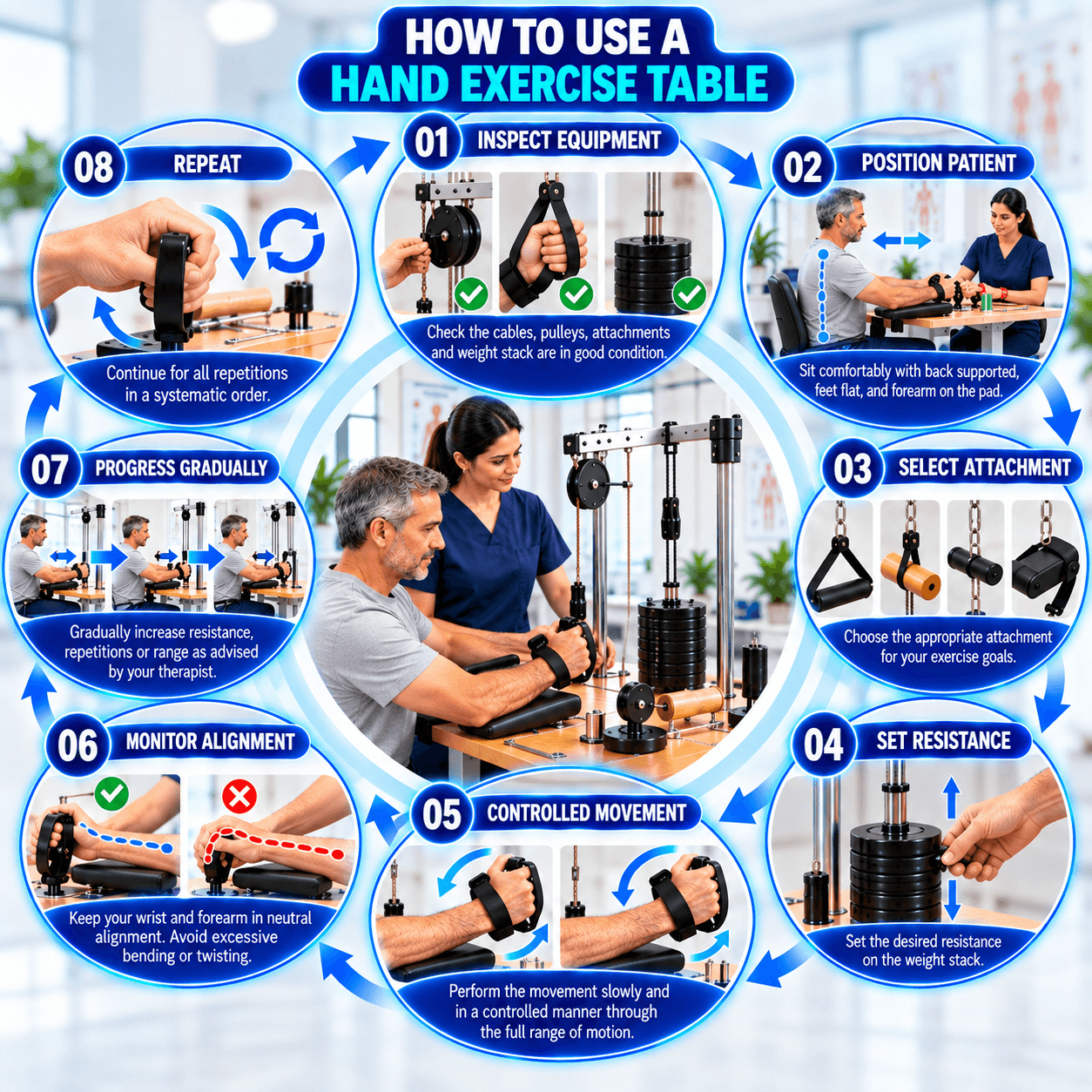 Hand Exercise Table Eight-step guide showing how to use a hand exercise table: inspect the equipment, position the patient, select an attachment, set resistance, perform controlled movements, monitor wrist and forearm alignment, progress gradually, and repeat the exercises.