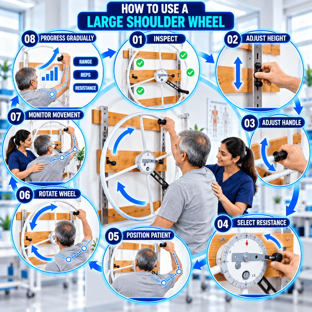 Large Shoulder Wheel Step-by-step guide showing how to use a large wall-mounted shoulder wheel, including equipment inspection, height and handle adjustment, resistance selection, patient positioning, wheel rotation, movement monitoring, and gradual progression.