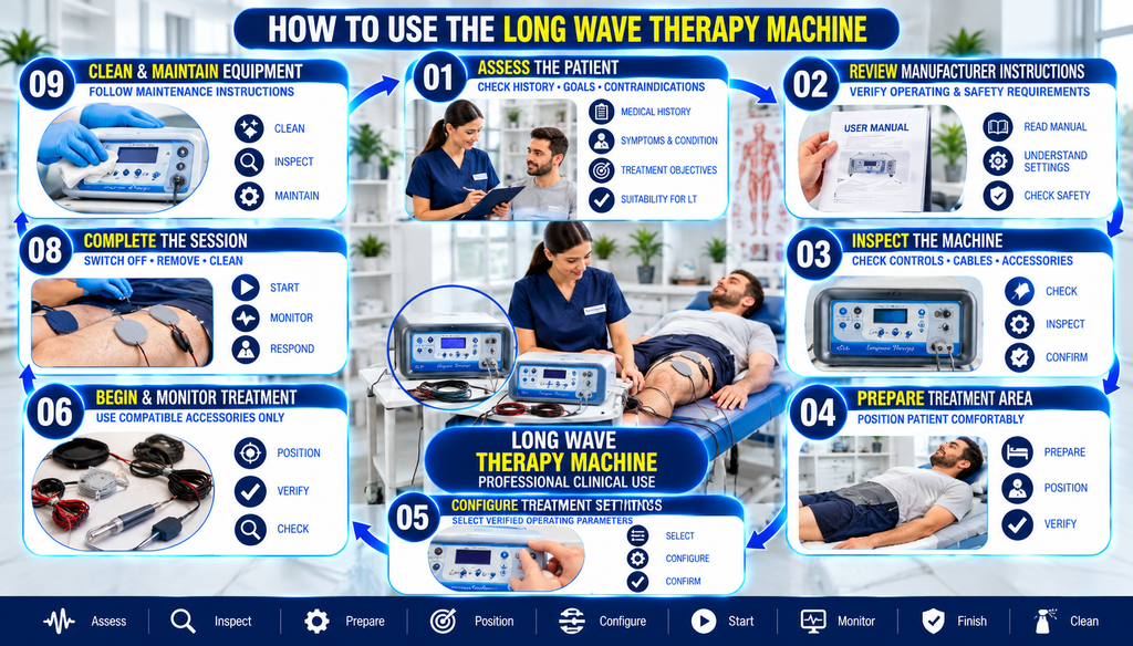 Long Wave Therapy Machine How to use a Long Wave Therapy Machine, showing patient assessment, equipment inspection, treatment area preparation, setting adjustment, patient monitoring, and post-treatment cleaning.