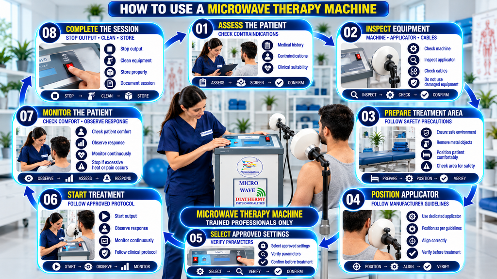 Microwave Therapy Machine How to use a Microwave Therapy Machine infographic illustrating patient assessment, equipment inspection, treatment area preparation, applicator positioning, setting selection, treatment monitoring, and post-treatment cleaning.