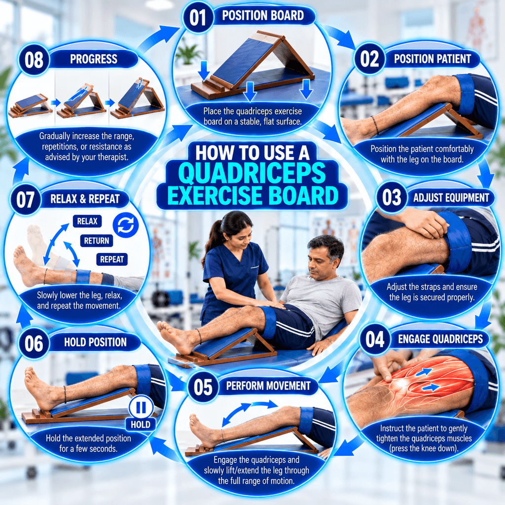 Step-by-step guide showing how to use a quadriceps exercise board for positioning, securing the leg, engaging the quadriceps, controlled knee movement, holding and repeating exercises.