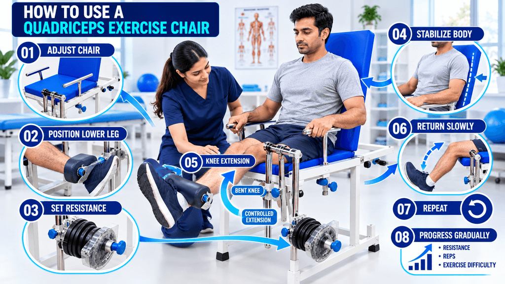 Quadriceps Exercise Chair How to use a Quadriceps Exercise Chair showing chair adjustment, lower-leg positioning, resistance setting, body stabilization, controlled knee extension, slow return, repetition, and gradual progression.