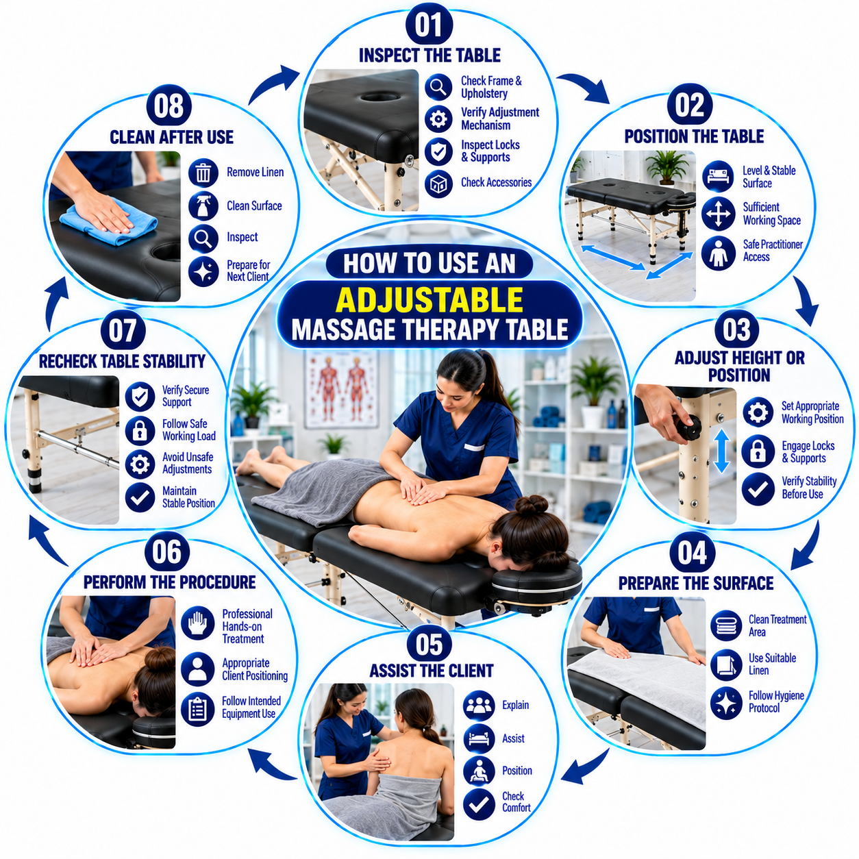 How to use an Adjustable Massage Therapy Table infographic showing eight steps, including inspecting the table, positioning it, adjusting height, preparing the surface, assisting the client, performing the procedure, checking stability, and cleaning after use.