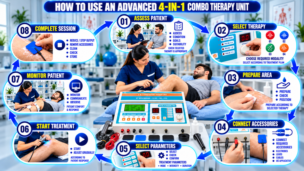 Advanced 4-in-1 Combo Therapy Unit How-to-use guide for an advanced 4-in-1 physiotherapy combo therapy unit, showing patient assessment, therapy selection, area preparation, accessory connection, parameter setting, treatment, monitoring, and session completion.