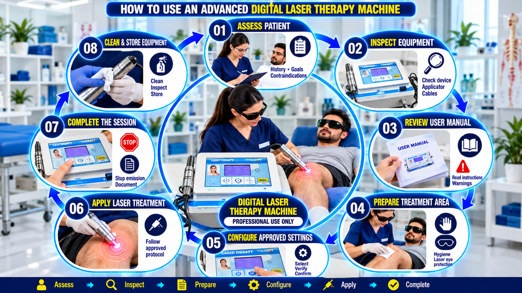 Advanced Digital Laser Therapy Machine How to use an advanced digital laser therapy machine infographic illustrating patient assessment, equipment inspection, user manual review, treatment area preparation, approved setting selection, laser application, session completion, and equipment cleaning.