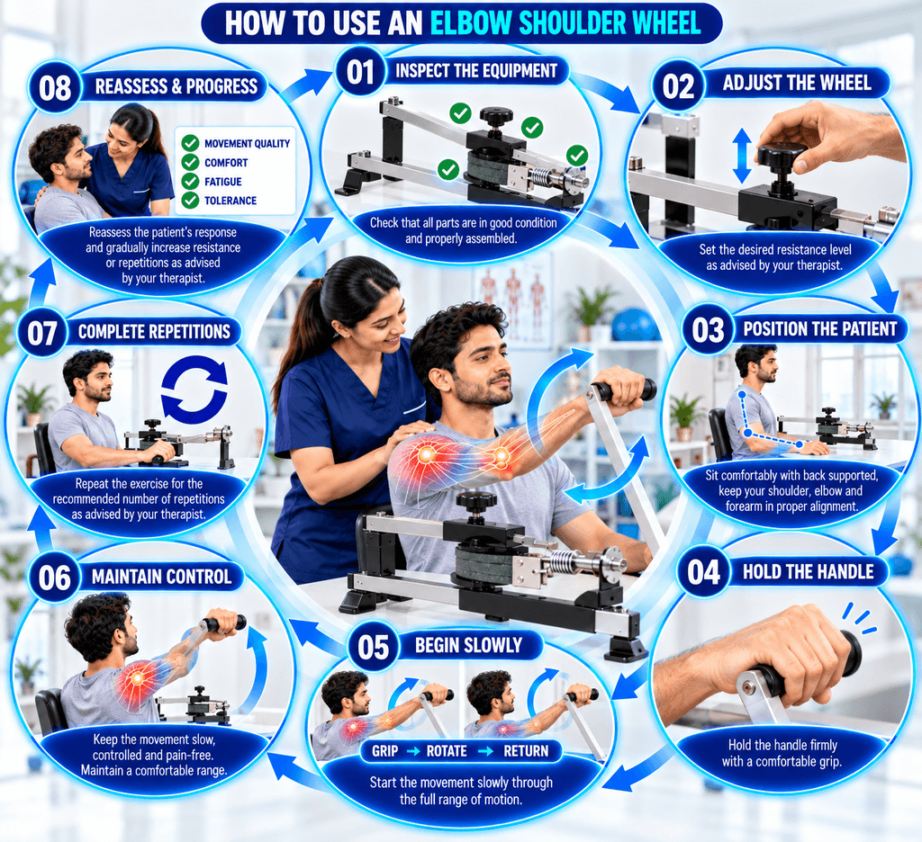 Step-by-step guide showing how to use an Elbow Shoulder Wheel for controlled shoulder and elbow movement, including equipment inspection, resistance adjustment, patient positioning, gripping, slow rotation, controlled movement, repetitions, and progress reassessment.