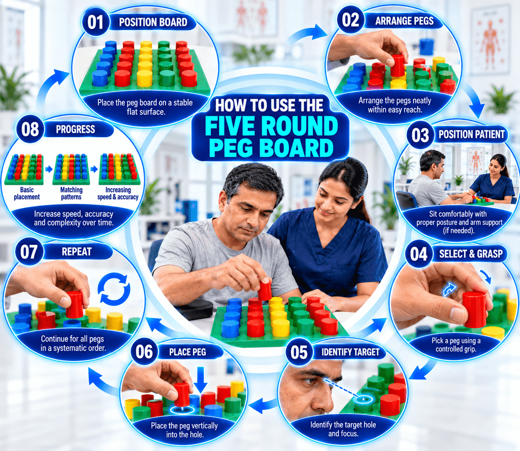 Five Round Peg Board Eight-step visual guide showing how to use a five round peg board: position the board, arrange pegs, position the patient, select and grasp a peg, identify the target hole, place the peg, repeat the sequence, and gradually increase speed and accuracy.