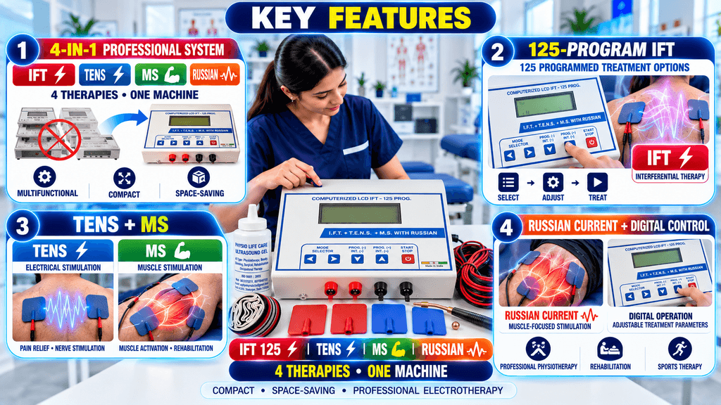 Key features of a 4-in-1 professional electrotherapy machine combining 125-program IFT, TENS, muscle stimulation, and Russian current with digital controls.