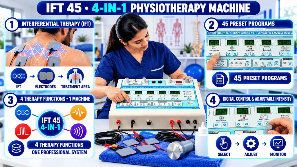 IFT 45 4-in-1 Physiotherapy Machine featuring IFT, TENS, Muscle Stimulation (MS), and Ultrasound Therapy with 45 preset programs and digital intensity controls