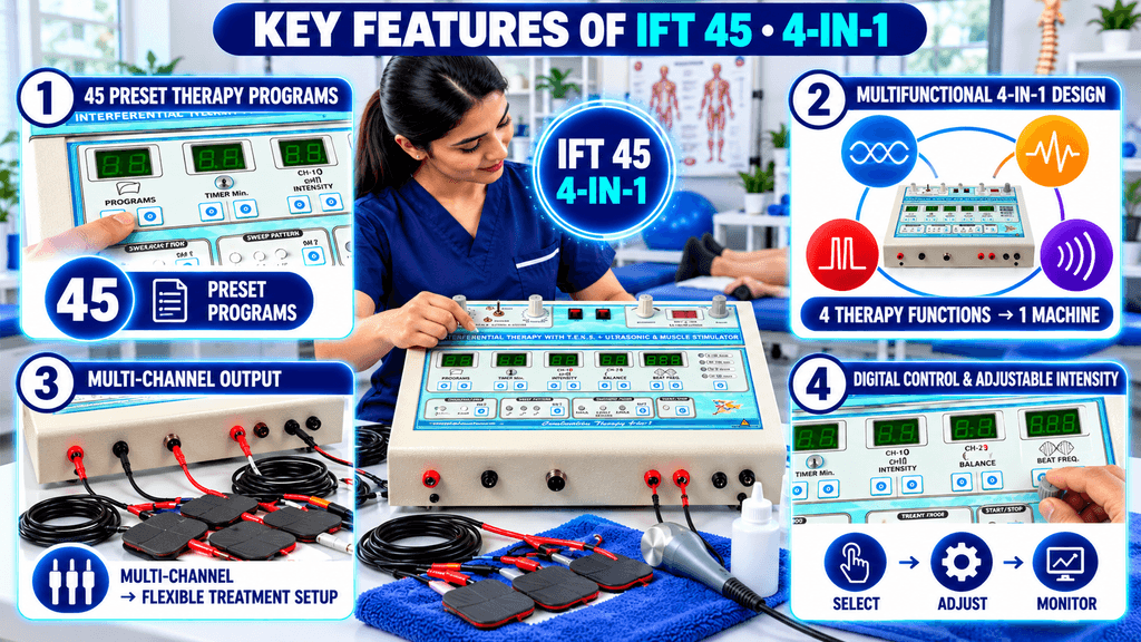 IFT 45 4-in-1 physiotherapy machine with 45 preset therapy programs, multifunctional 4-in-1 design, multi-channel output, and digital intensity controls.
