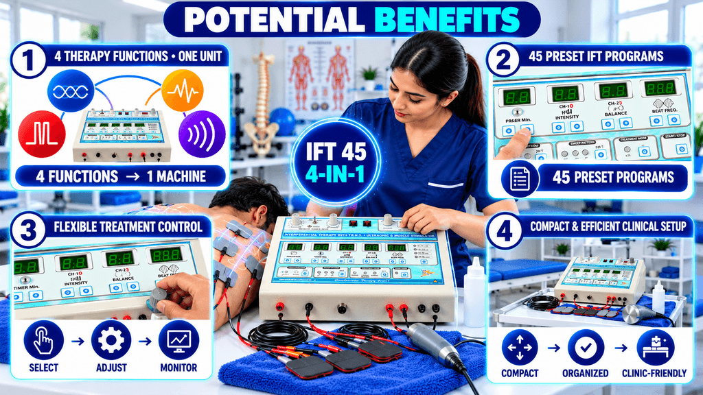 How to use an IFT 45 4-in-1 physiotherapy machine, showing patient assessment, modality selection, treatment-area preparation, electrode placement, parameter setting, treatment monitoring, completion, and reassessment.