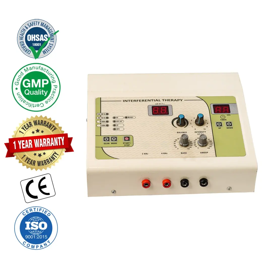 Portable Manual IFT Physiotherapy Machine Interferential Therapy (IFT) physiotherapy machine featuring dual digital displays, adjustable balance and intensity controls, base and sweep settings, treatment timer, and multiple output connectors.