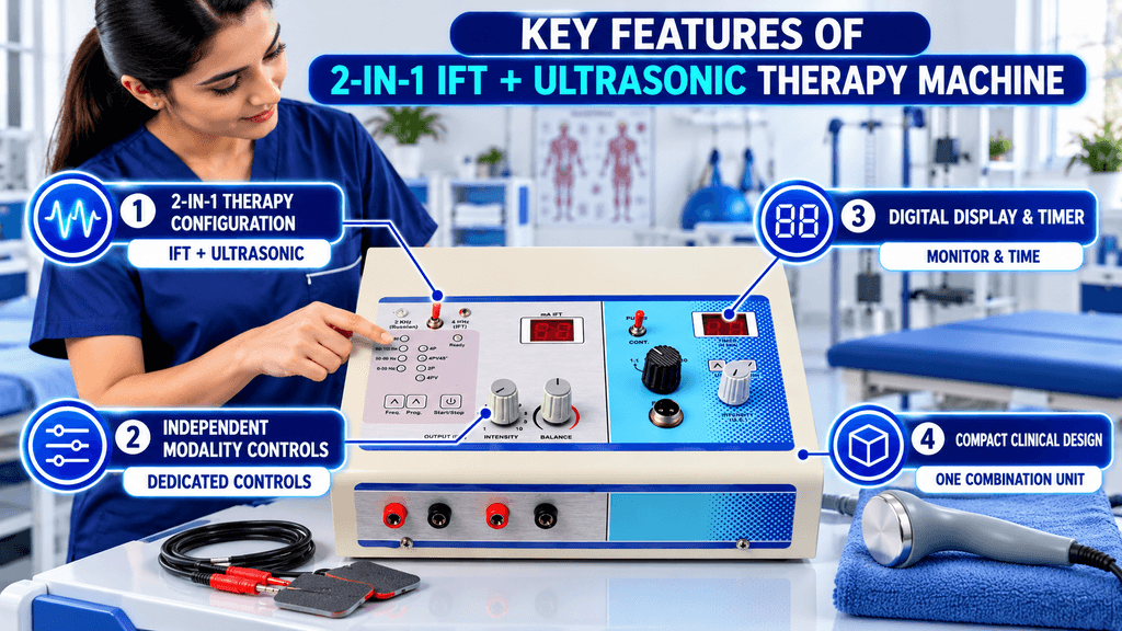 2-in-1 IFT + US Physiotherapy Machine Key features of a 2-in-1 IFT and Ultrasonic Therapy Machine, showing dual therapy configuration, independent modality controls, digital display with timer, and compact clinical design.