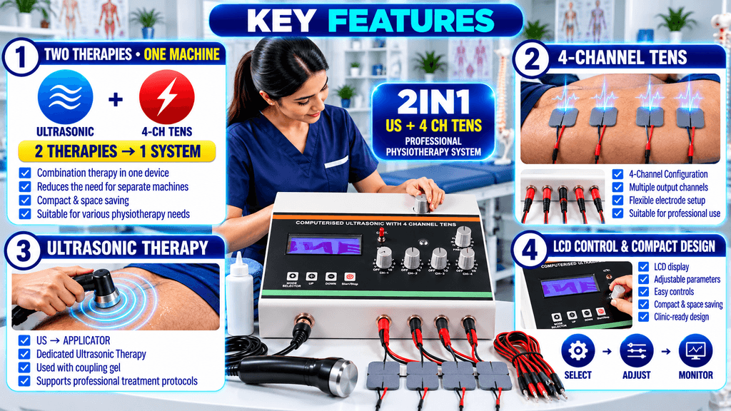 2-in-1 LCD TENS + Ultrasonic Therapy Machine Key features of a 2-in-1 LCD TENS + Ultrasonic Therapy Machine, featuring two therapy modalities, four-channel TENS output, ultrasonic therapy, LCD controls, adjustable parameters, and a compact clinical design.