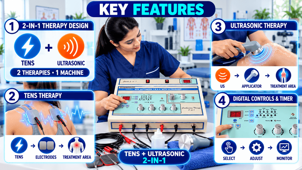 Key features of a 2-in-1 TENS and Ultrasonic Therapy Machine, showing combined therapy design, TENS electrode treatment, ultrasonic applicator therapy, and digital controls with timer.
