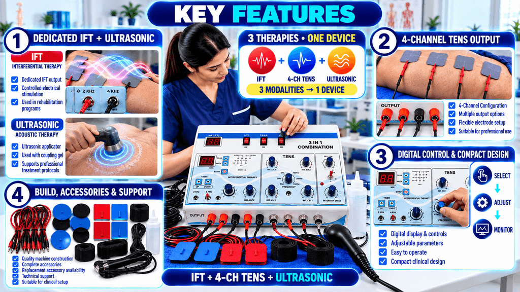 3 in 1 IFT 4 Channel TENS Ultrasonic Combo Device Key features of a 3-in-1 IFT + 4-channel TENS + Ultrasonic physiotherapy machine, featuring dedicated IFT and ultrasonic therapy, four-channel TENS output, digital controls, adjustable parameters, accessories, and compact clinical design