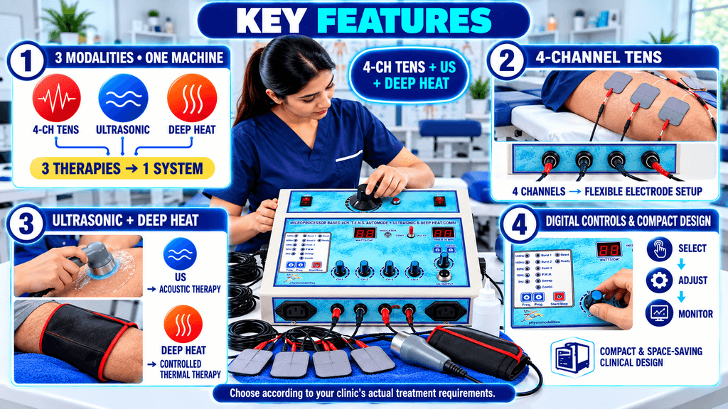 4-Ch TENS + US + Deep Heat Combo Physiotherapy Machine Key features of a 4-channel TENS + Ultrasonic + Deep Heat physiotherapy machine, including three therapy modalities, four-channel TENS, ultrasonic and deep heat functions, digital controls, and compact clinical design