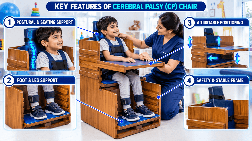 Cerebral Palsy (CP) Chair Cerebral Palsy (CP) chair showing postural and seating support, foot and leg support, adjustable positioning, safety features, and a stable frame for pediatric rehabilitation.