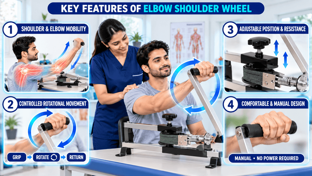 Elbow Shoulder Wheel exercise equipment being used in a physiotherapy clinic, highlighting shoulder and elbow mobility, controlled rotation, adjustable position and resistance, and comfortable manual operation.