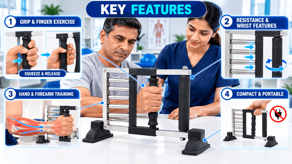 Hand Gripper Exercise Infographic showing the key features of a hand gripper exercise device, including grip and finger exercise, adjustable resistance and wrist training, hand and forearm strengthening, and a compact portable design.