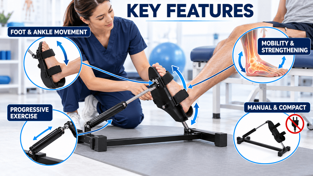 Infographic showing key features of a heel and ankle exercise machine, including foot and ankle movement, mobility and strengthening, progressive exercise, and a manual compact design.
