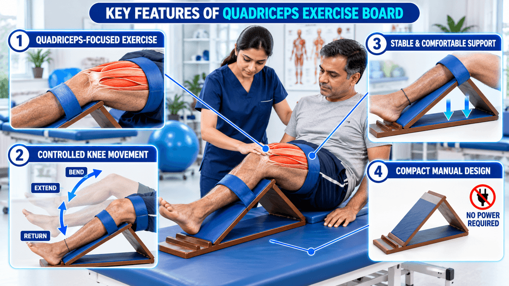 Quadriceps exercise board used for controlled knee movement and quadriceps-focused exercise, featuring stable support and a compact manual design for physiotherapy.