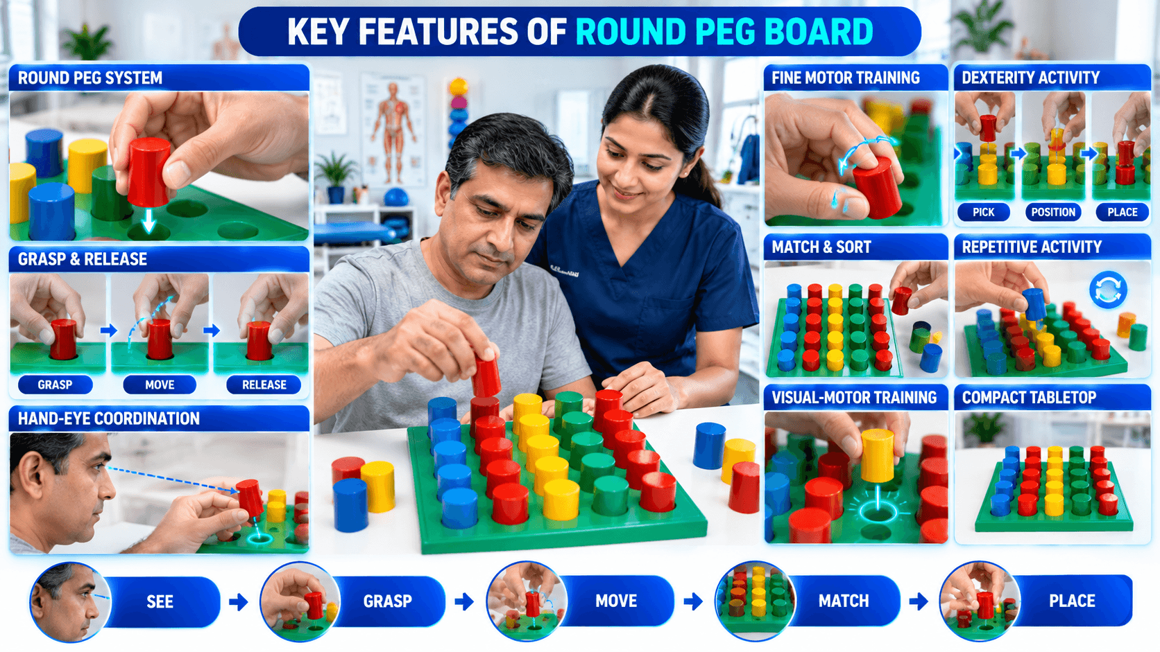 Five Round Peg Board Round peg board with colorful red, blue, yellow, and green pegs being used for grasp-and-release practice, fine motor training, dexterity, visual-motor coordination, matching, sorting, and repetitive hand exercises.