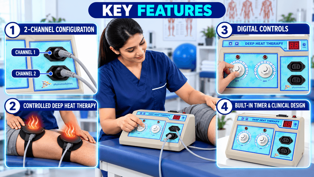 2-Channel Deep Heat Physiotherapy Machine Key features of a Deep Heat Therapy machine showing 2-channel configuration, controlled deep heat therapy, digital controls, built-in timer, and clinical design
