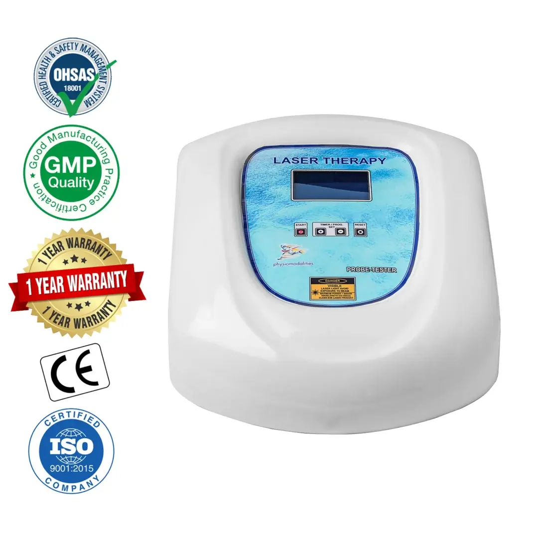 Laser therapy physiotherapy machine with digital display, timer and program controls, probe tester, and compact white body.