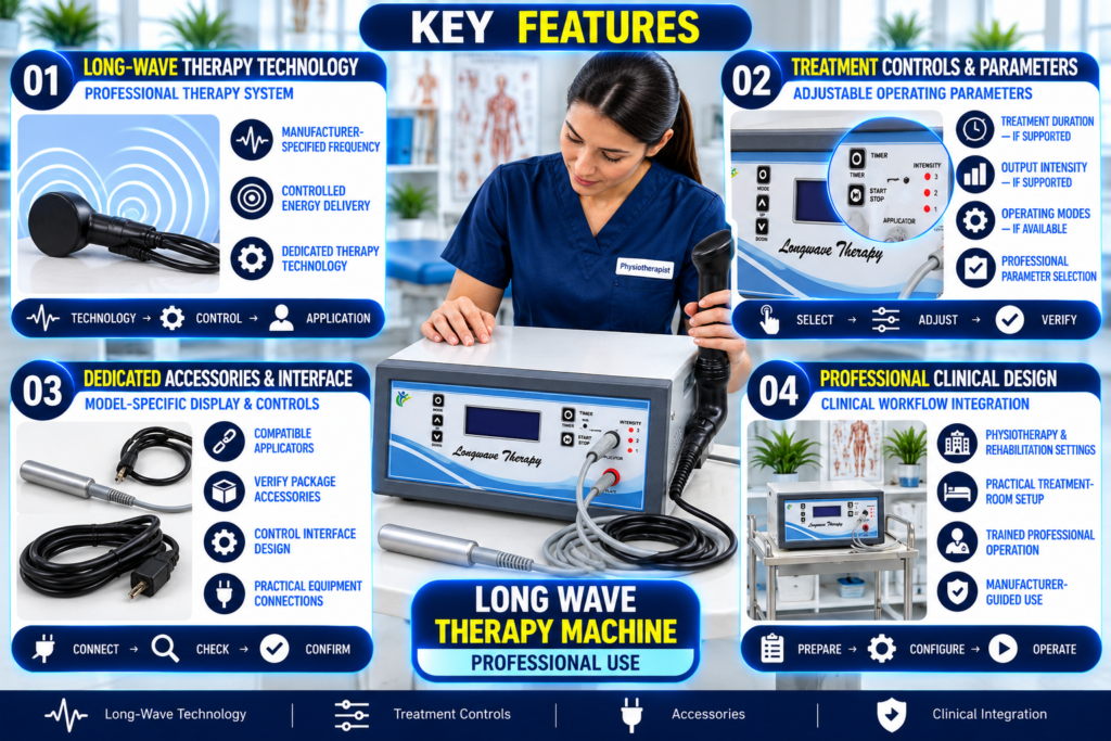 Long Wave Therapy Machine Long wave therapy machine key features infographic showing long-wave therapy technology, treatment controls, adjustable operating parameters, dedicated applicators, accessory connections, and professional physiotherapy clinic use.