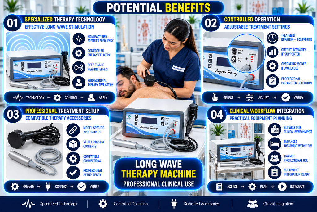 Long Wave Therapy Machine Long Wave Therapy Machine with adjustable treatment controls, dedicated therapy applicators, and a digital control panel shown in a professional physiotherapy clinic.