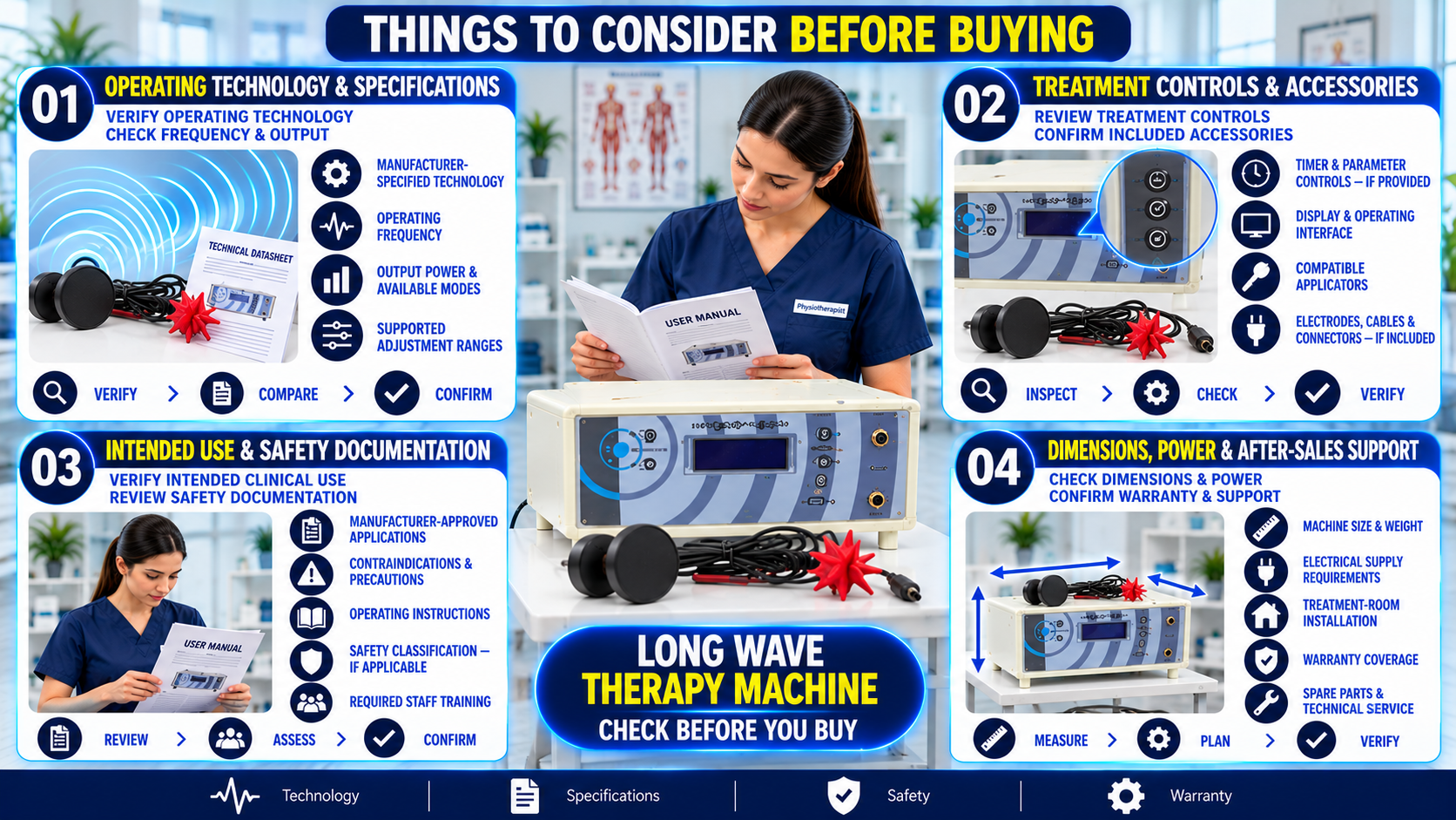 Long Wave Therapy Machine Things to consider before buying a long wave therapy machine, including operating technology, frequency and output specifications, treatment controls, accessories, safety documentation, machine dimensions, electrical requirements, warranty, and after-sales support.