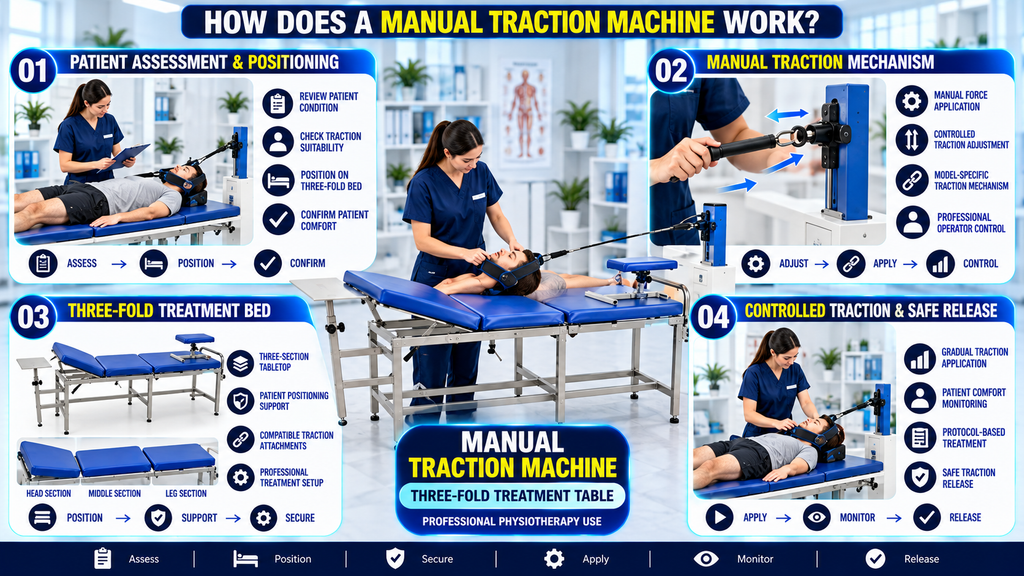 Manual Traction Machine with Three-Fold Physiotherapy Treatment Table – Working Process Infographic