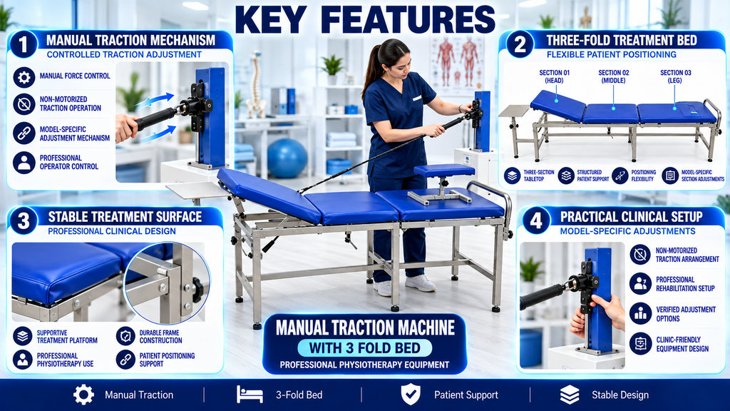 Manual Traction Machine with Three-Fold Physiotherapy Treatment Bed and Adjustable Traction Mechanism