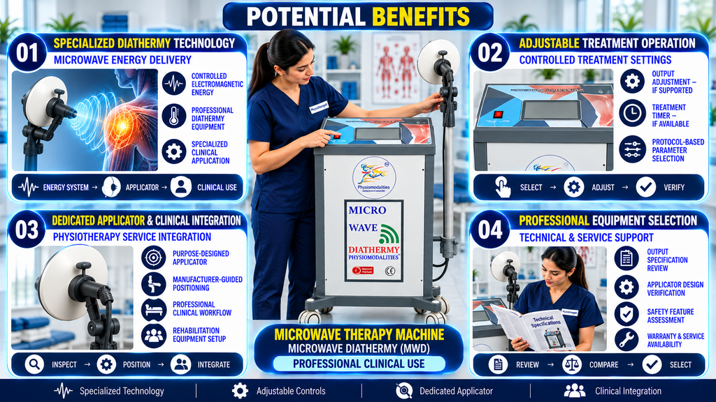 Microwave Therapy Machine Microwave Therapy Machine potential benefits infographic highlighting microwave diathermy technology, electromagnetic energy delivery, dedicated applicator, adjustable treatment controls, and professional physiotherapy applications.