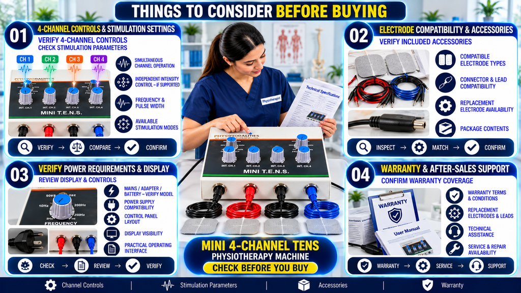Things to consider before buying a Mini 4-Channel TENS Physiotherapy Machine, including four-channel controls, stimulation settings, electrode compatibility, power requirements, display controls, warranty coverage, and after-sales support.