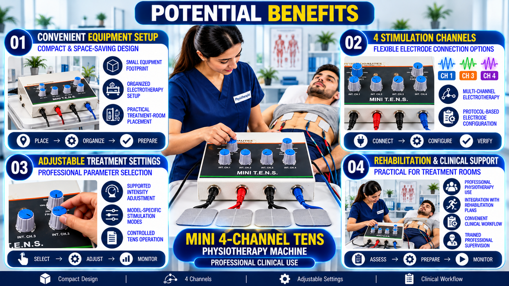 Mini 4-channel TENS physiotherapy machine potential benefits infographic highlighting compact design, four stimulation channels, adjustable treatment settings, electrode connections, and professional physiotherapy and rehabilitation applications.