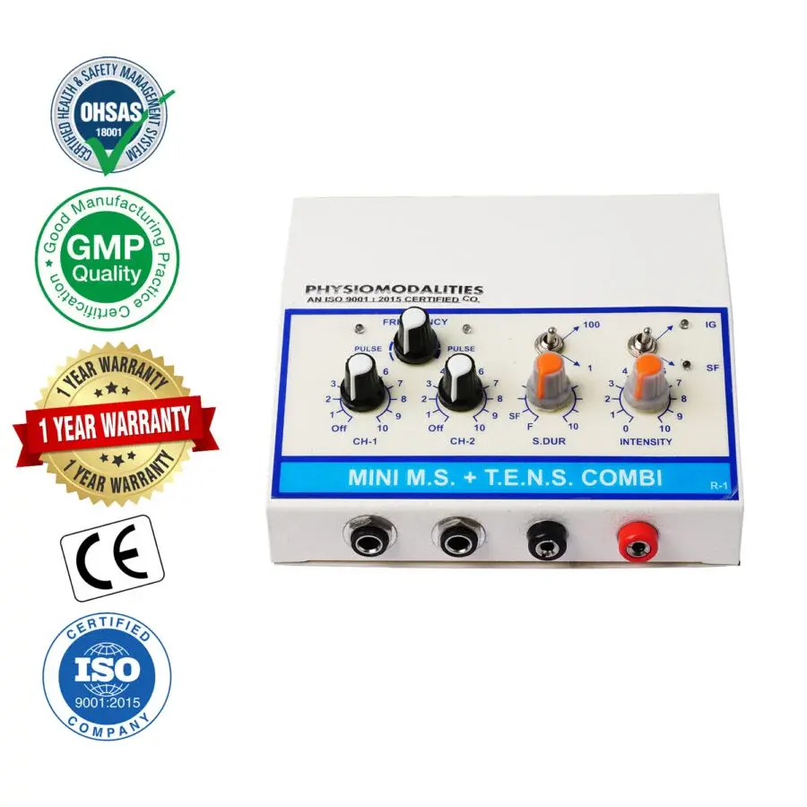2-in-1 TENS + MS Physiotherapy Machine Mini M.S. + TENS Combi physiotherapy machine with adjustable controls, dual-channel operation, intensity settings, and 1-year warranty, CE, ISO 9001:2015, OHSAS, and GMP certification badges