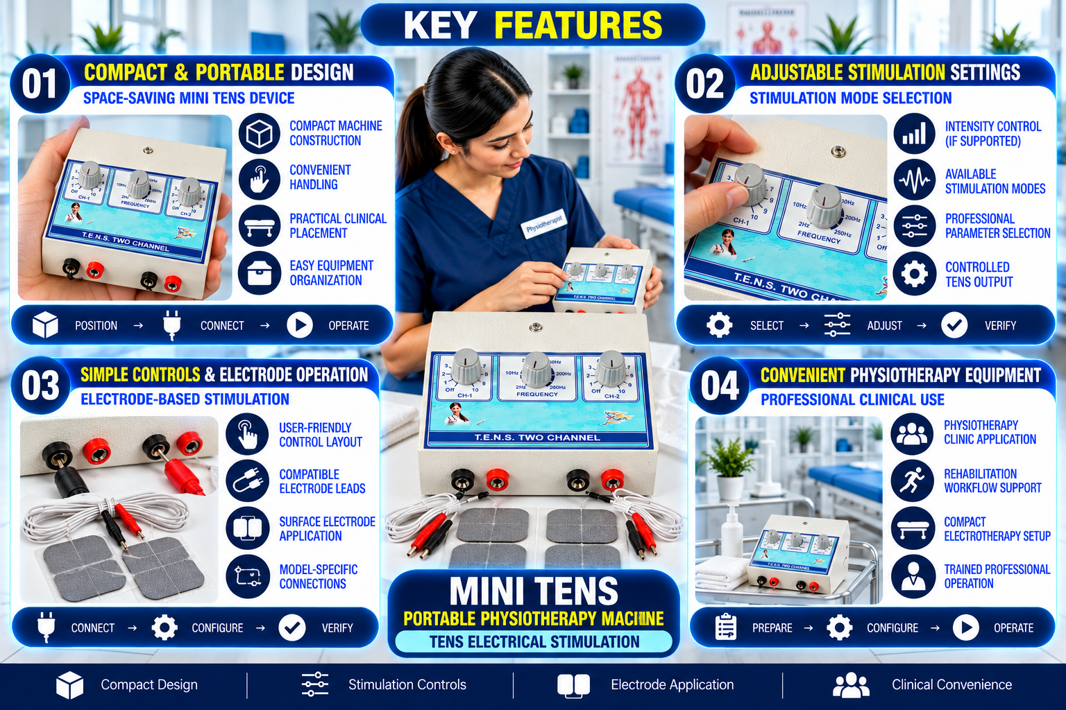 MINI TENS Portable Physiotherapy Machine Mini TENS two-channel portable physiotherapy machine featuring adjustable intensity and frequency controls, electrode lead connectors, and surface electrode pads.