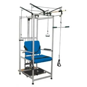 Multi Exercise Chair Multi Exercise Chair with a blue padded seat and backrest, adjustable frame, pulleys, cables, handles, and resistance attachments designed for assisted therapeutic exercise and rehabilitation training.
