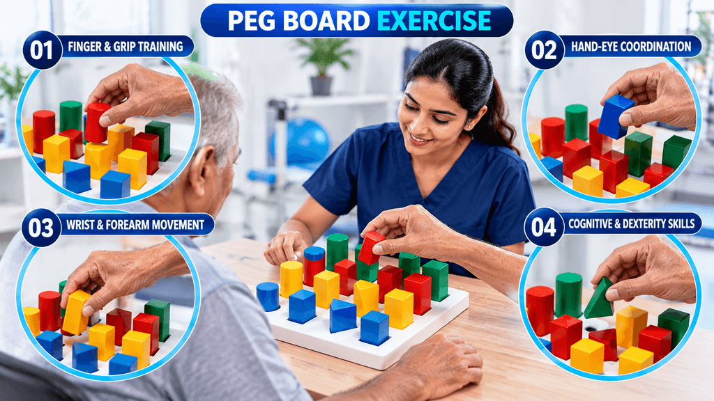 Geometric Peg Board Peg Board exercise demonstrating finger and grip training, hand-eye coordination, wrist and forearm movement, and cognitive dexterity skills under physiotherapist supervision.