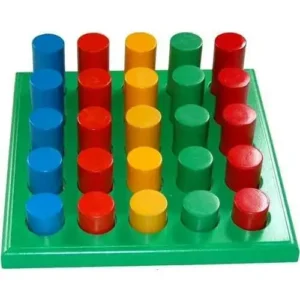 Five Round Peg Board Colorful peg board with blue, red, yellow, and green cylindrical pegs arranged in rows on a green rectangular base for hand coordination and fine motor exercises.