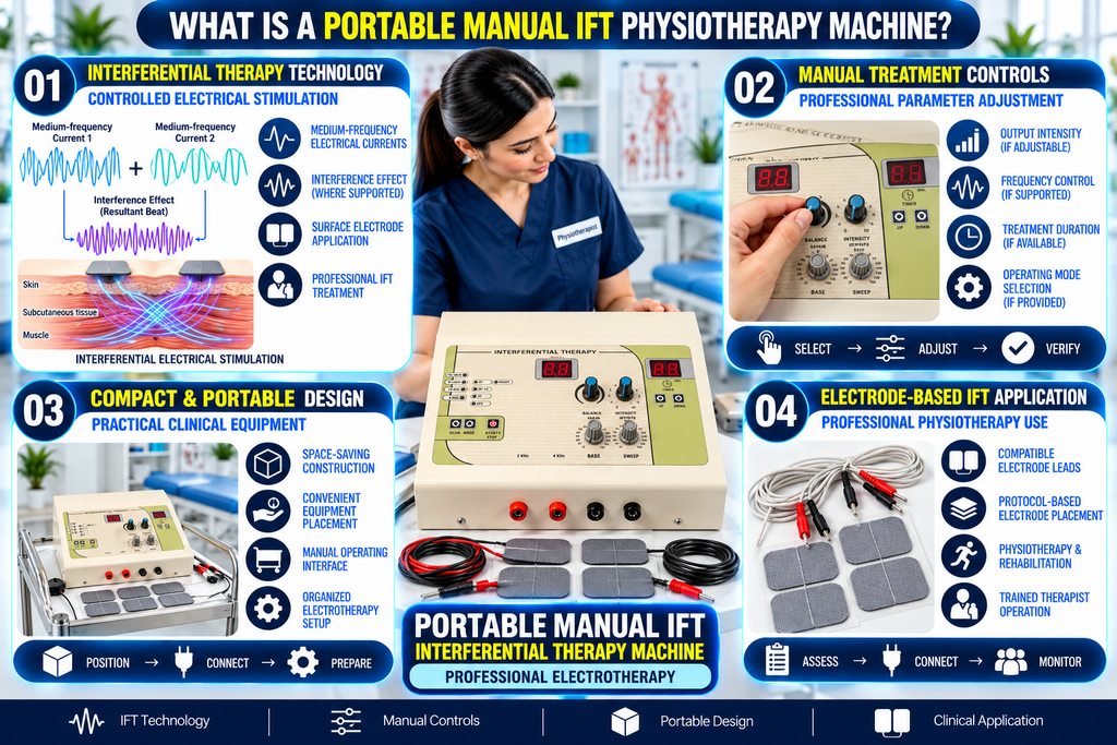 Portable Manual IFT Physiotherapy Machine Portable manual IFT physiotherapy machine featuring interferential therapy controls, dual digital displays, adjustable balance and intensity dials, base and sweep settings, electrode connectors, and therapy pads.