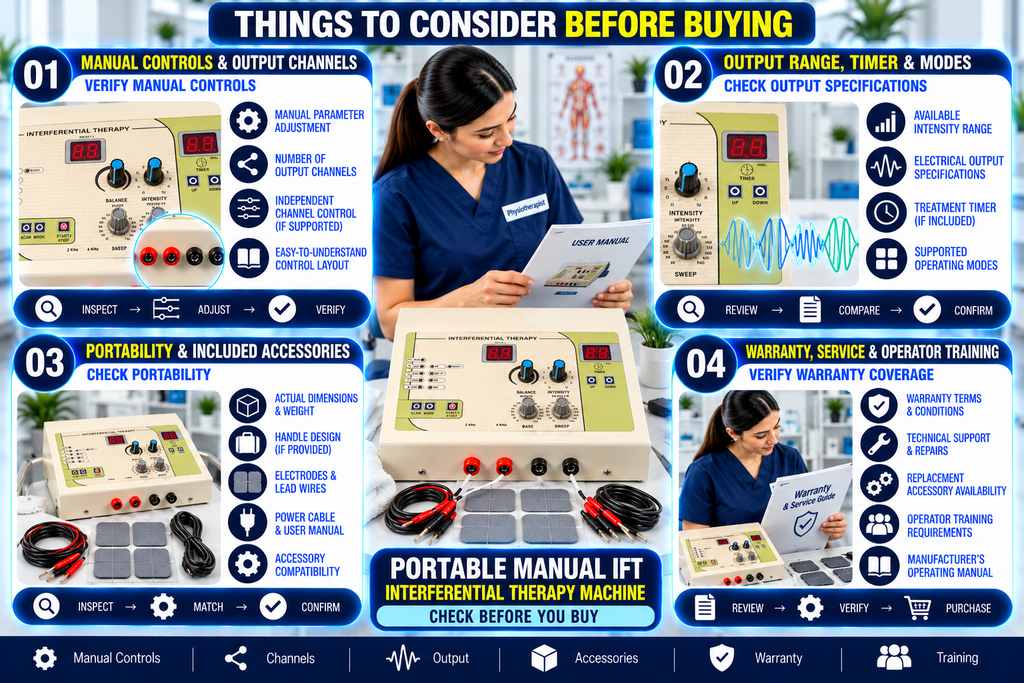 Portable Manual IFT Physiotherapy Machine Things to consider before buying a portable manual IFT physiotherapy machine, highlighting manual controls, output channels, intensity range, timer, operating modes, portability, included accessories, warranty, technical support, and operator training.