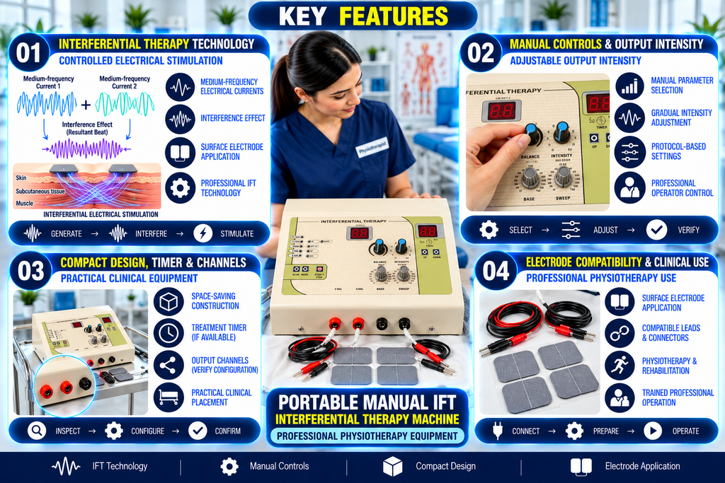 Portable Manual IFT Physiotherapy Machine Portable manual IFT physiotherapy machine key features infographic showing interferential therapy technology, dual digital displays, manual balance and intensity controls, timer, base and sweep settings, electrode connectors, and compatible therapy pads.