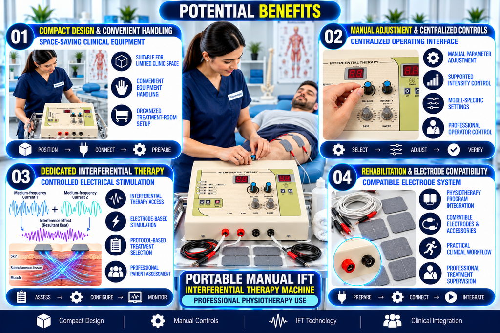 Portable Manual IFT Physiotherapy Machine Portable manual IFT physiotherapy machine potential benefits infographic featuring a compact design, manual treatment controls, interferential therapy technology, electrode compatibility, and professional rehabilitation use.