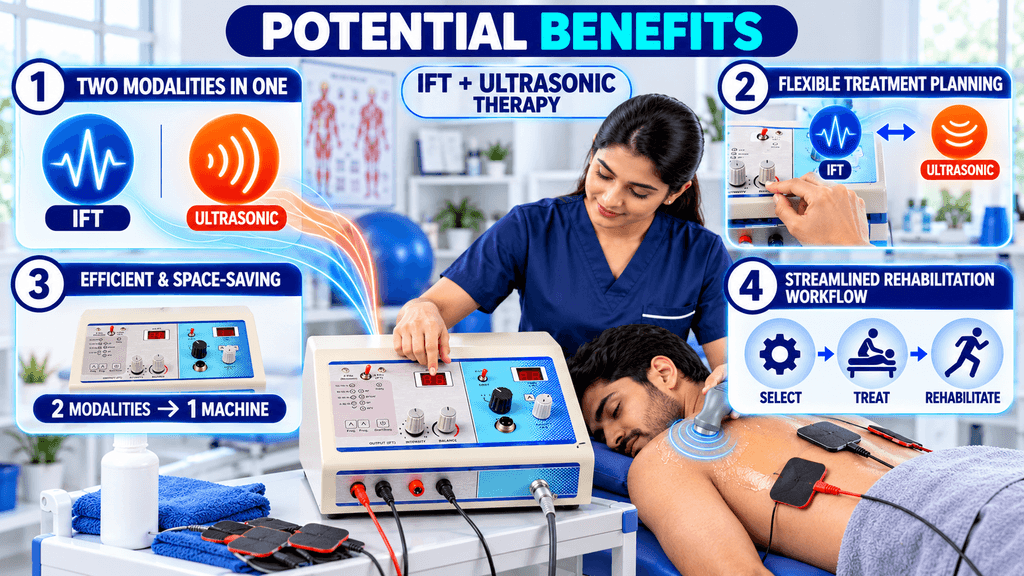 2-in-1 IFT + US Physiotherapy Machine Potential benefits of a 2-in-1 IFT and Ultrasonic Therapy Machine, highlighting two modalities in one unit, flexible treatment planning, space-saving design, and a streamlined rehabilitation workflow.