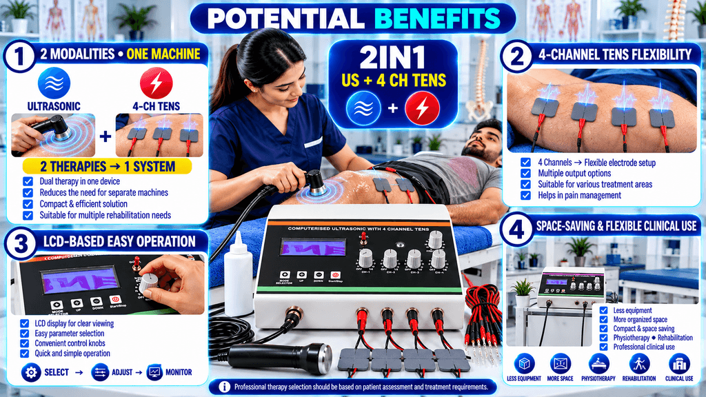 2-in-1 LCD TENS + Ultrasonic Therapy Machine Potential benefits of a 2-in-1 LCD TENS + Ultrasonic Therapy Machine highlighting dual therapy functionality, flexible four-channel TENS, LCD-based operation, compact design, and space-saving clinical use.