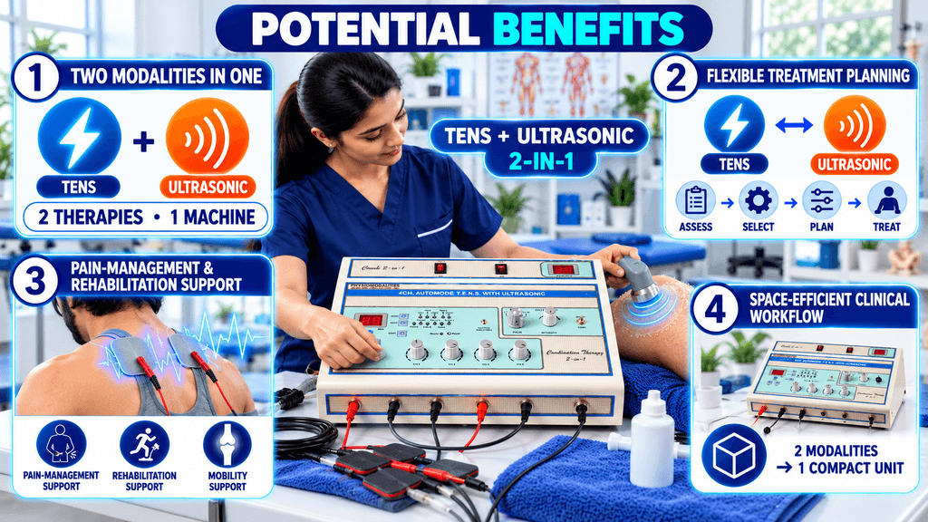 Potential benefits of a 2-in-1 TENS and Ultrasonic Therapy Machine, showing two therapy modalities, flexible treatment planning, pain-management and rehabilitation support, and a compact clinical workflow.